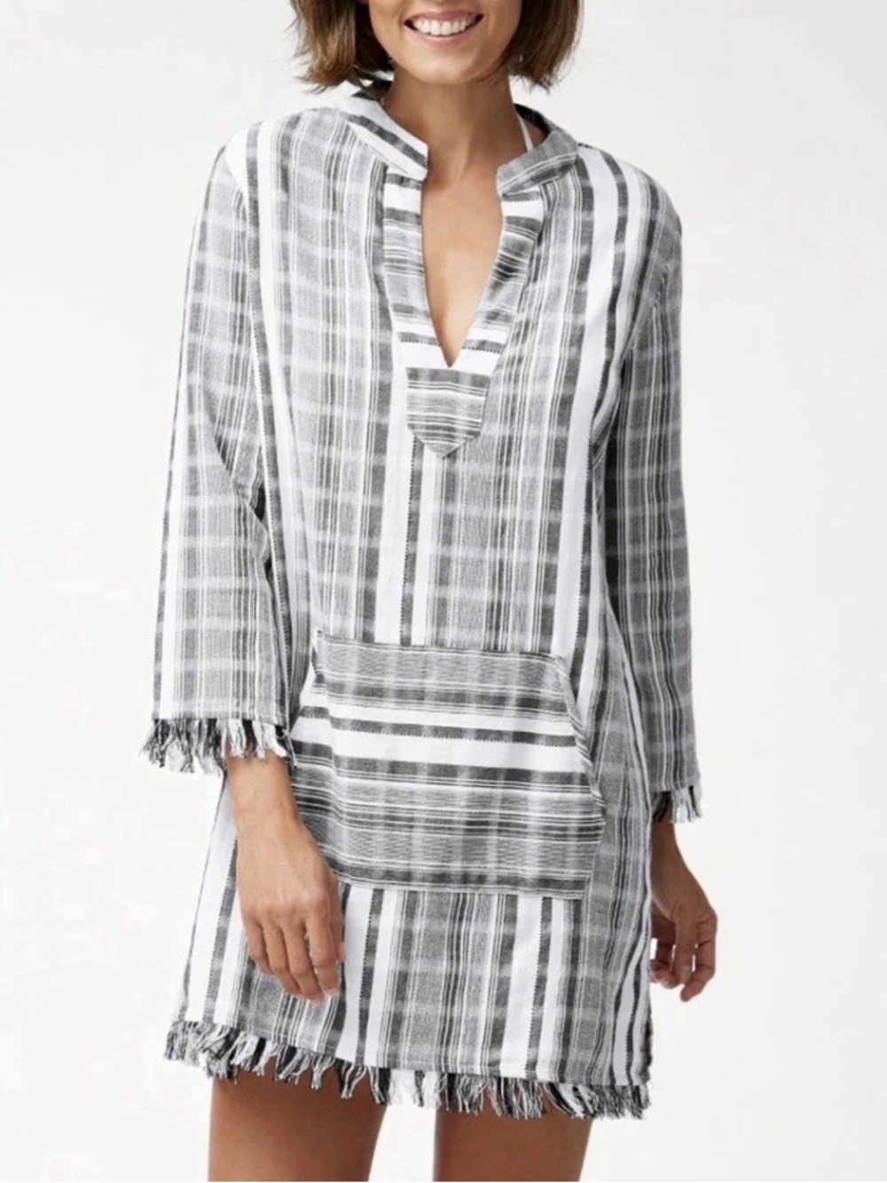 Tommy Bahama Woven 100% Cotton Tunic Cover Up Black White Fringe L Beach